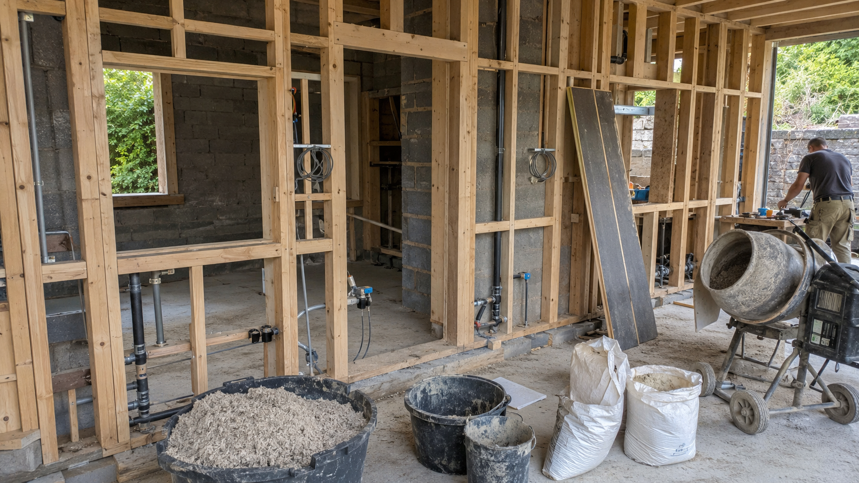 Timber frame wall prepared for cast-in-place hempcrete with rough openings, service conduits, lime bags, buckets, and mixer.