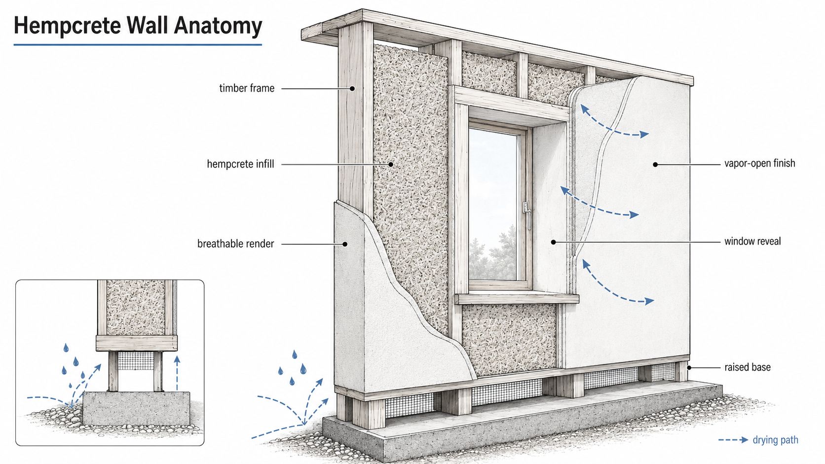 Cutaway diagram of a hempcrete wall showing timber frame, hempcrete infill, breathable finishes, raised base, window reveal, and drying path.