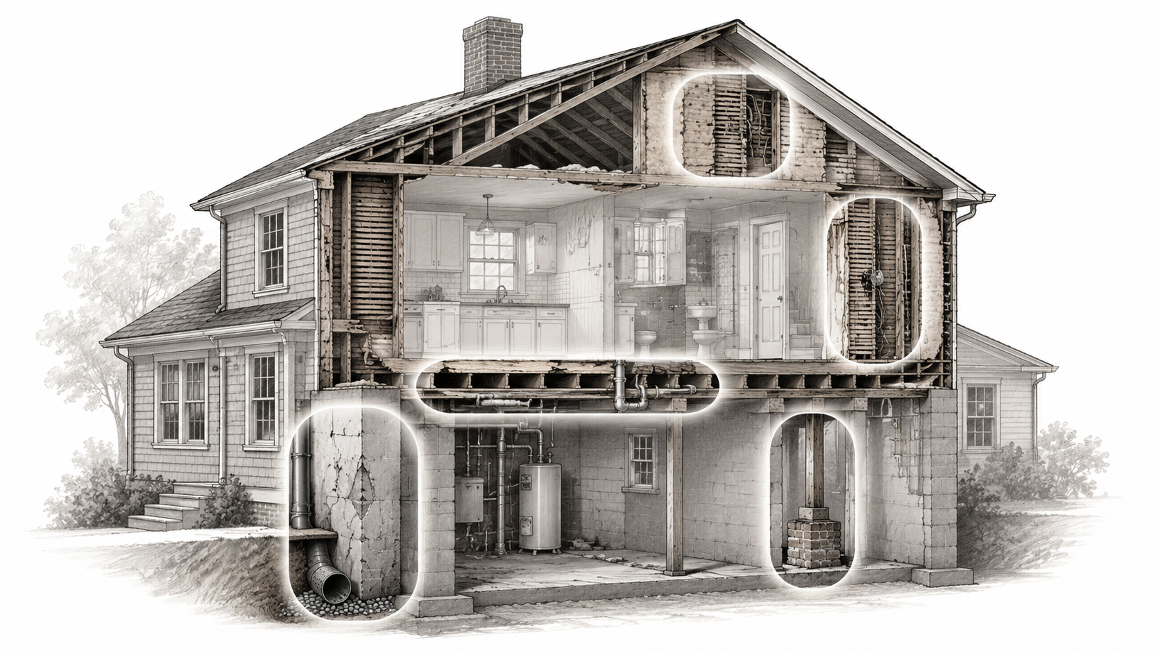 Visual diagram showing hidden cost zones in a 1920s house renovation.