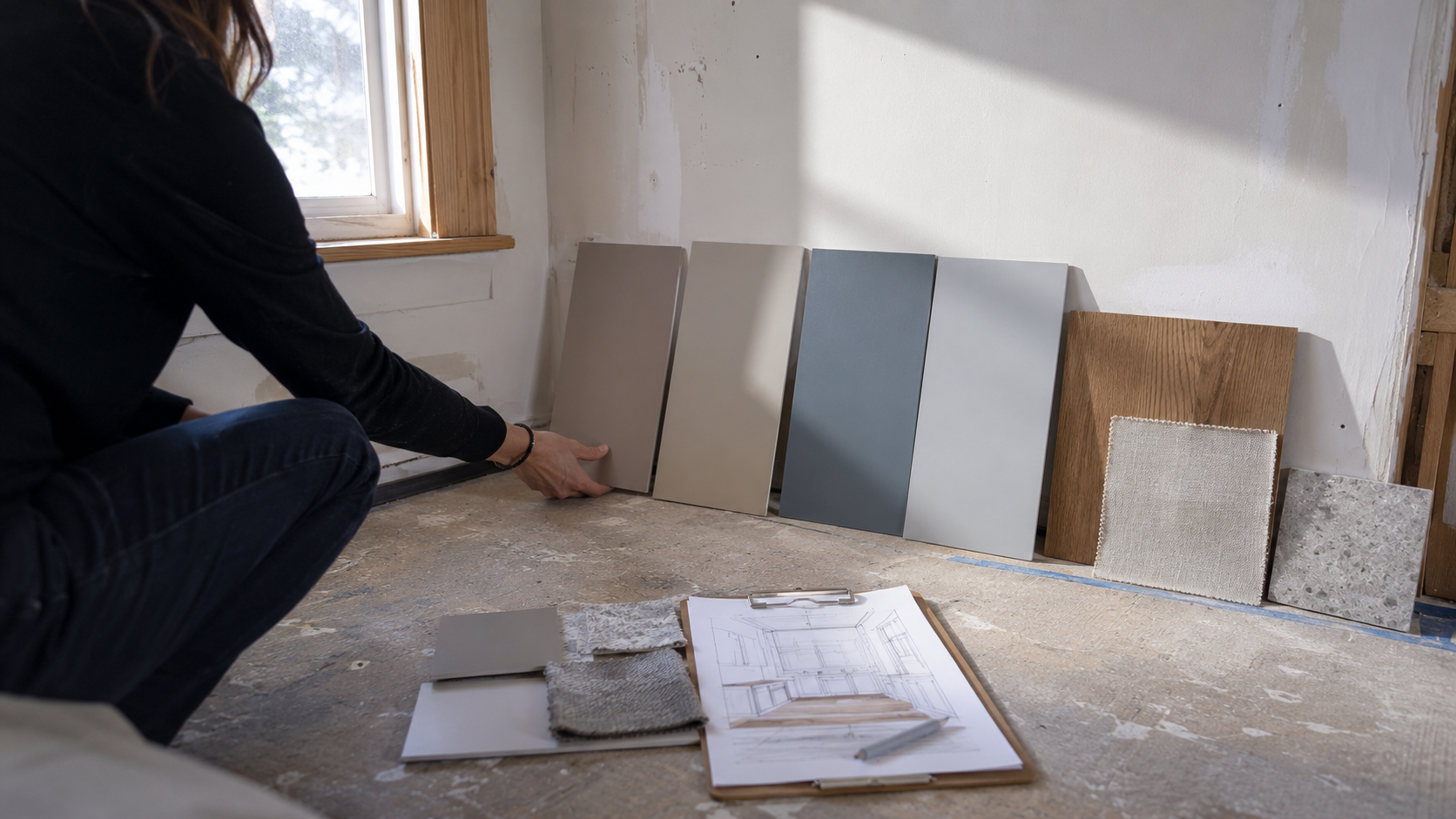 Interior designer testing paint colors with wood, fabric, and stone finishes.