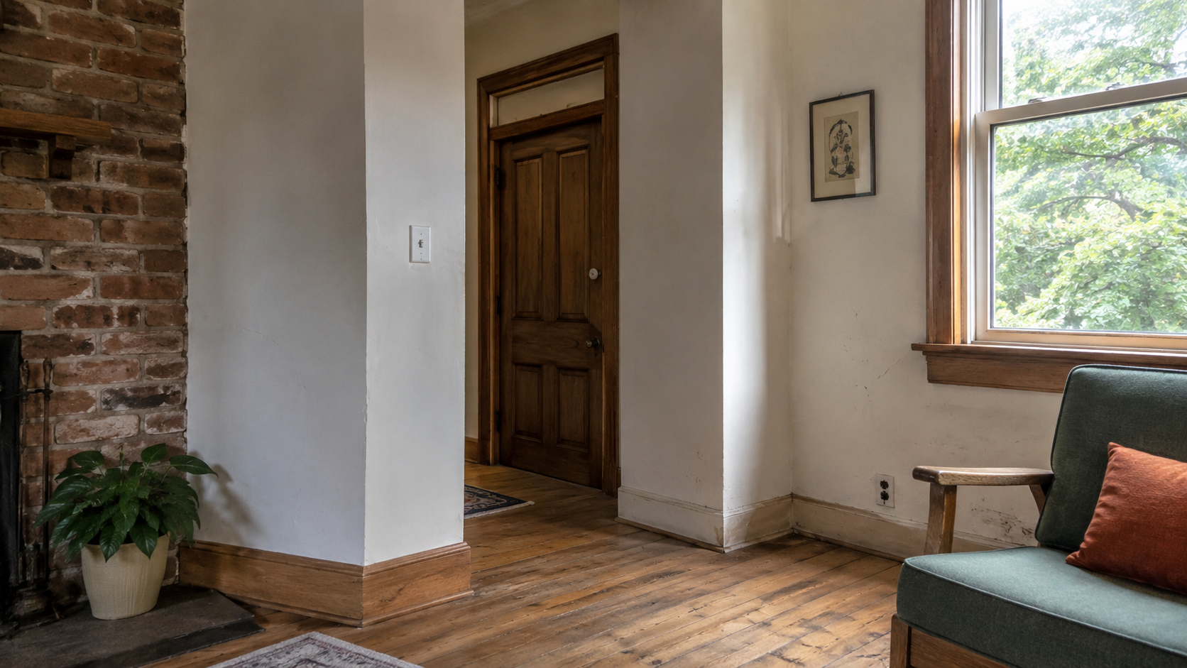 Interior room with brick, plaster walls, wood floor, window, fabric chair, and daylight.