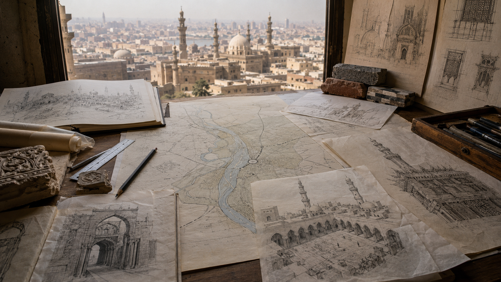 Architectural study desk with drawings of Egyptian mosques, minarets, gates, mashrabiya screens, a Nile map, and a Cairo skyline beyond the window.