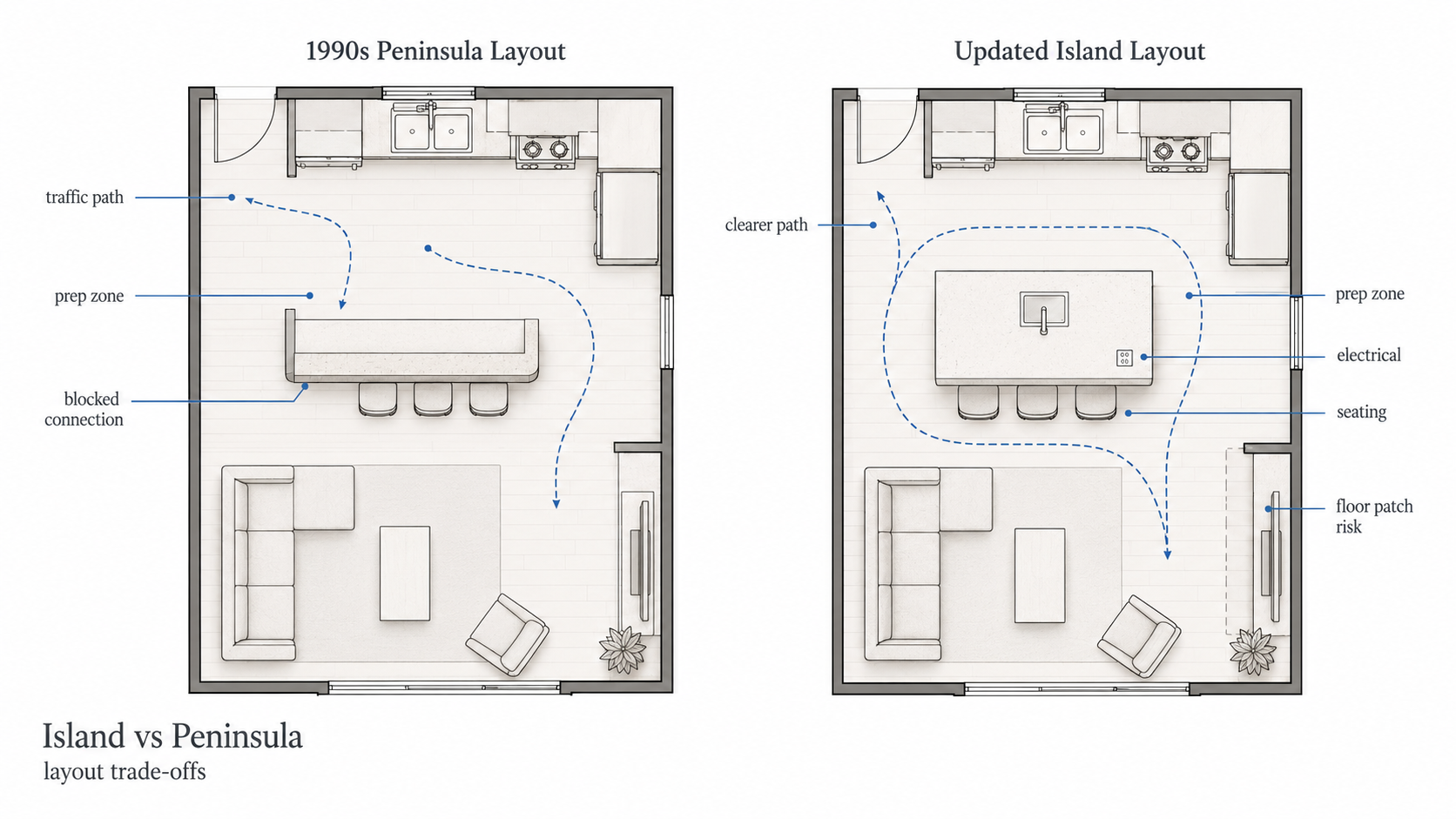 Diagram comparing a 1990s kitchen peninsula layout with an updated island layout.