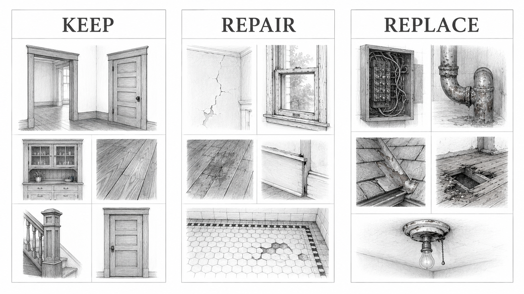 Editorial diagram showing what to keep, repair, and replace in a 1920s house.
