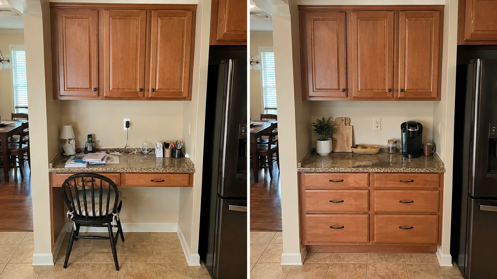 Before and after 2000s kitchen desk converted into counter-height drawers and storage.