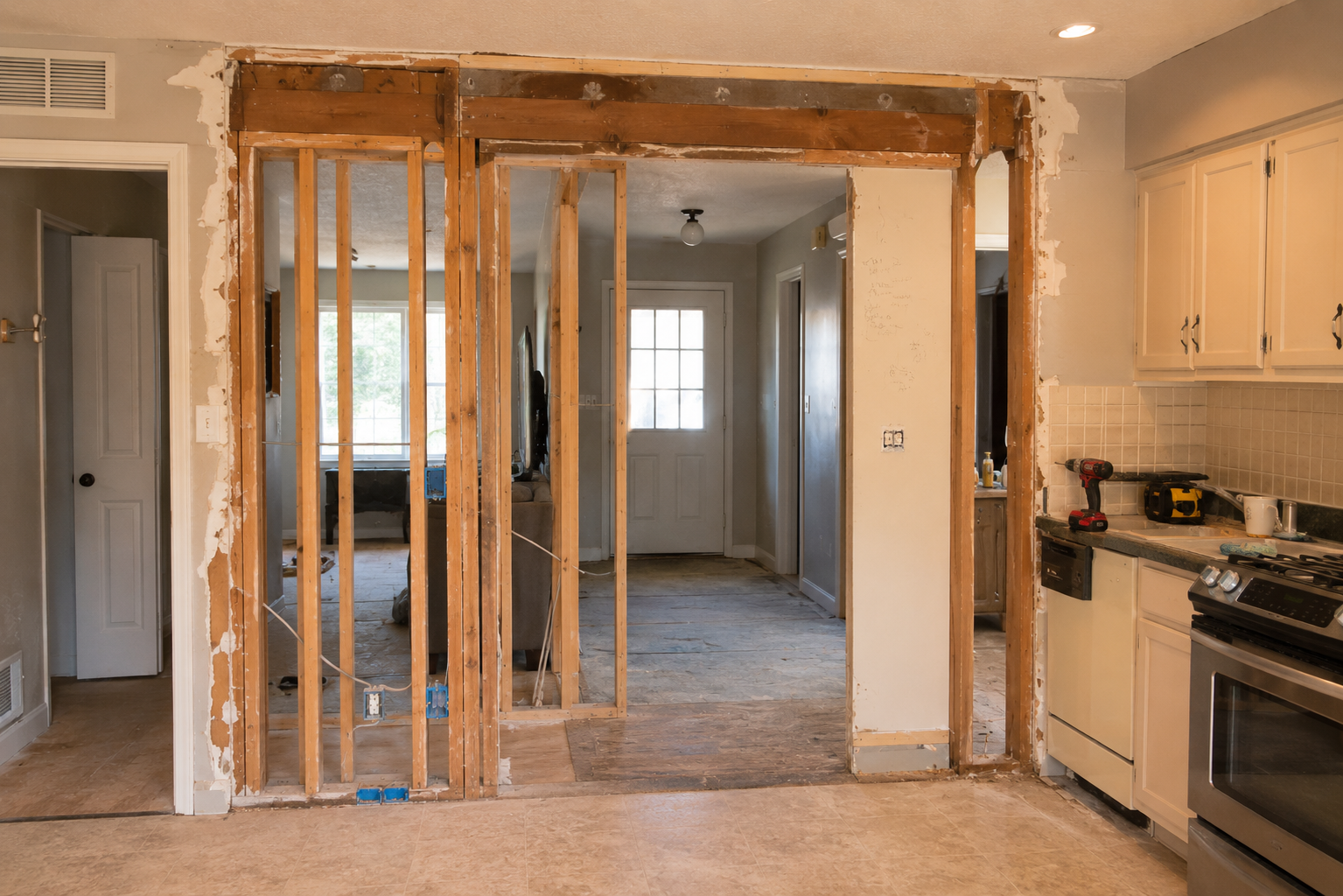 Kitchen wall opened during renovation showing exposed studs and upper framing.