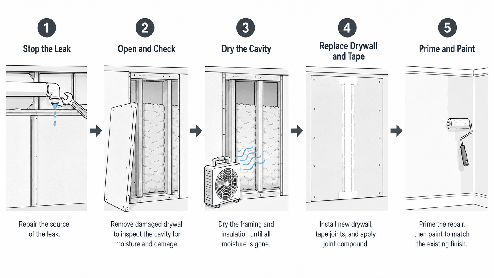 Sequence diagram showing the correct order for drywall repair after a water leak.