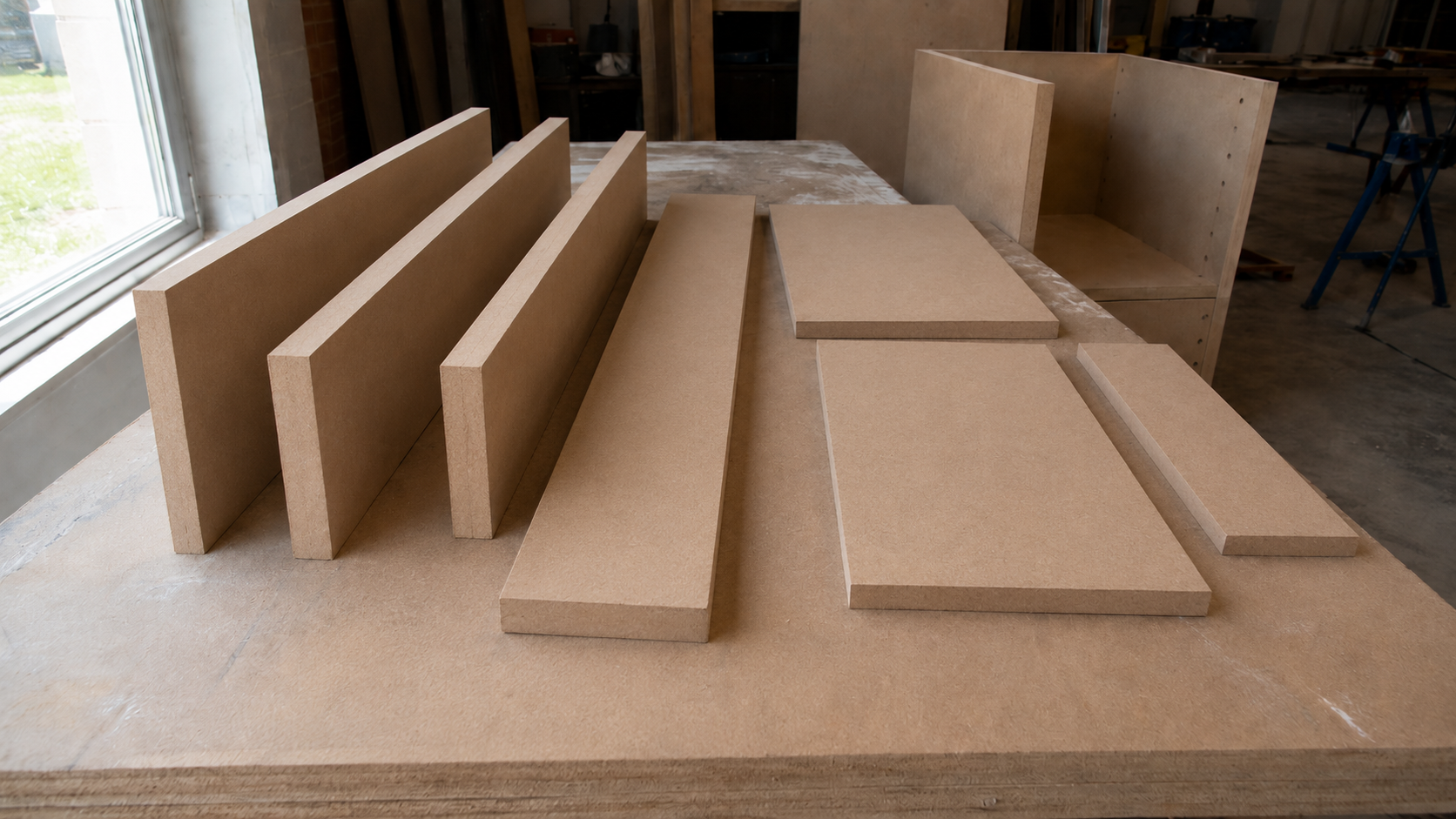 MDF sheets in different thicknesses on a workshop table with cabinet parts and cut list.