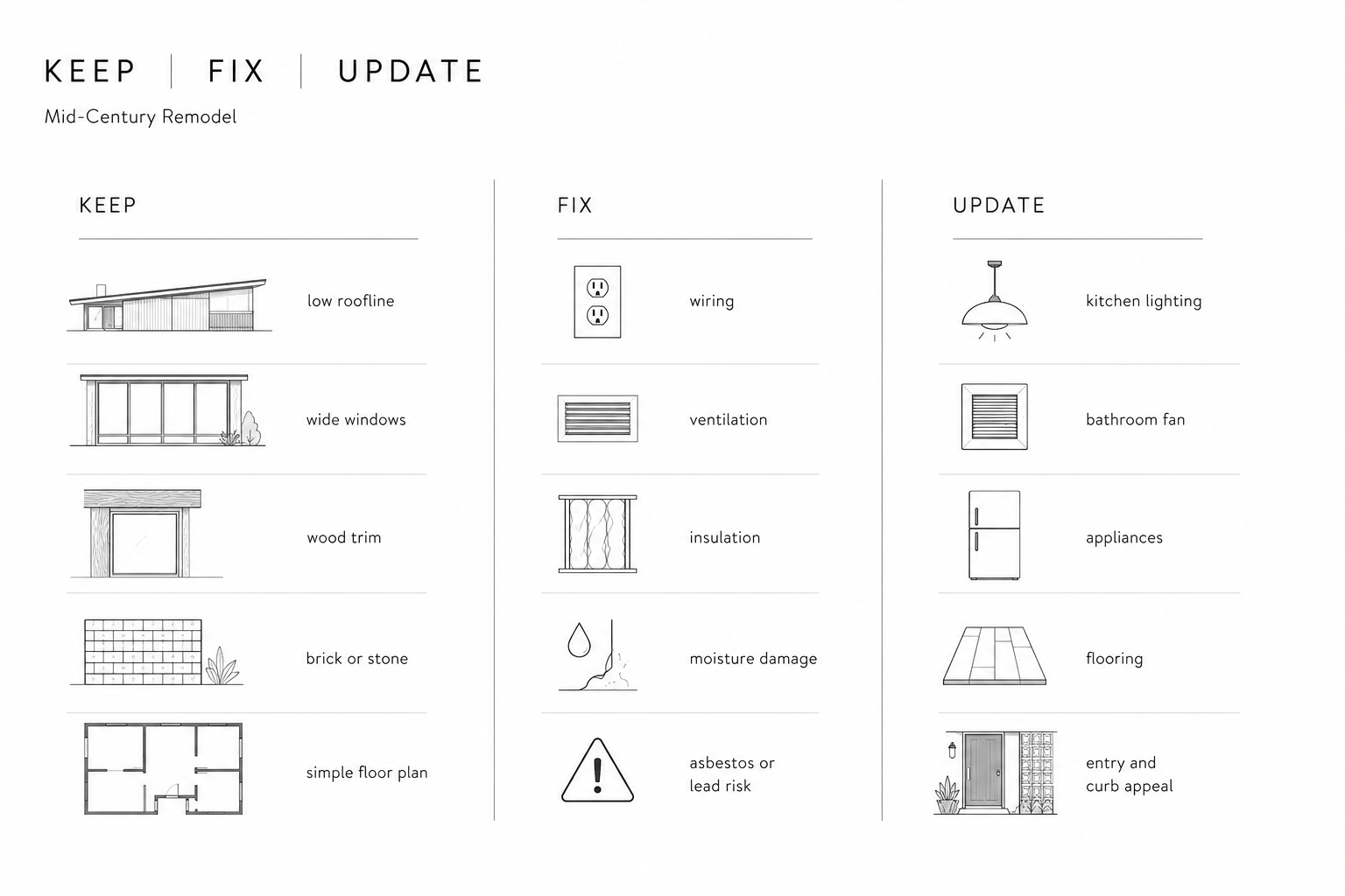 Midcentury remodel diagram showing what to keep, repair, and update in an older home.