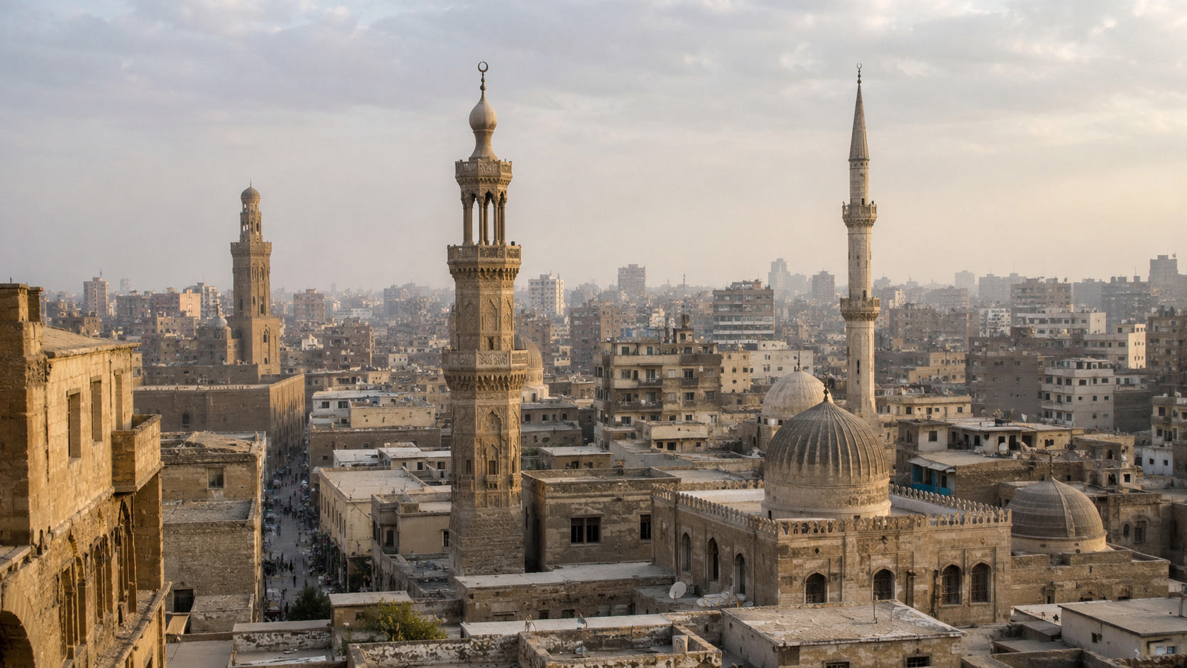 Historic Islamic city skyline with mosque minarets rising above domes, courtyards, rooftops, and narrow streets.