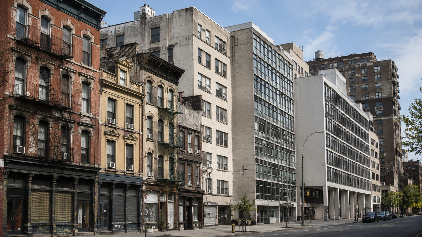 City street showing older masonry buildings beside cleaner early modern buildings with glass, steel, and concrete facades.
