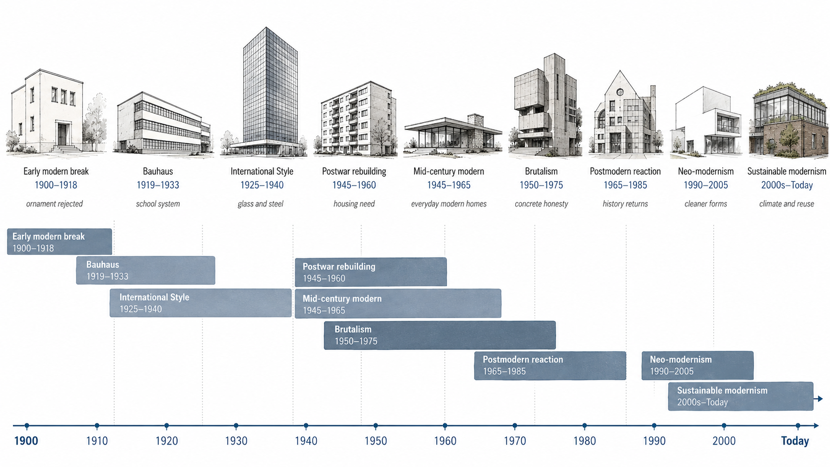Timeline diagram showing major phases of modern architecture from the early modern break and Bauhaus to mid-century modern, Brutalism, Postmodernism, and sustainable modernism.