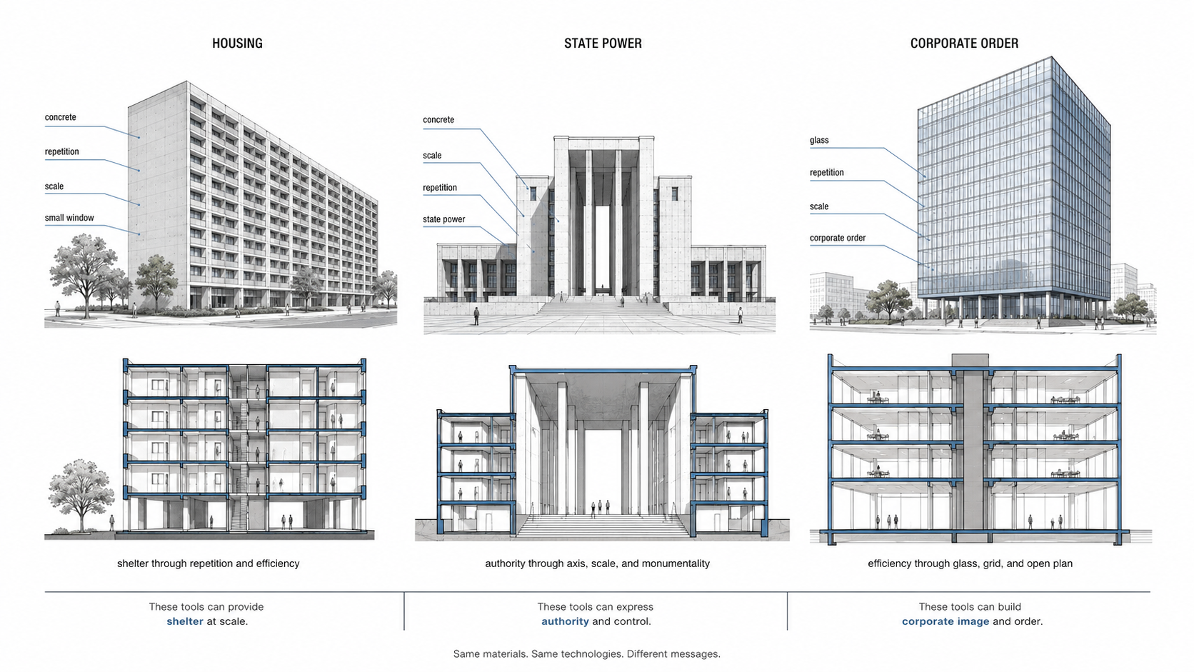 Diagram showing how modern architecture could serve housing, state power, corporate order, and public image.