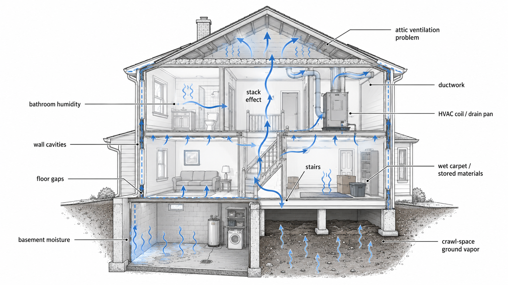 Diagram showing basement, crawl space, attic, bathroom, and HVAC sources of musty smells.