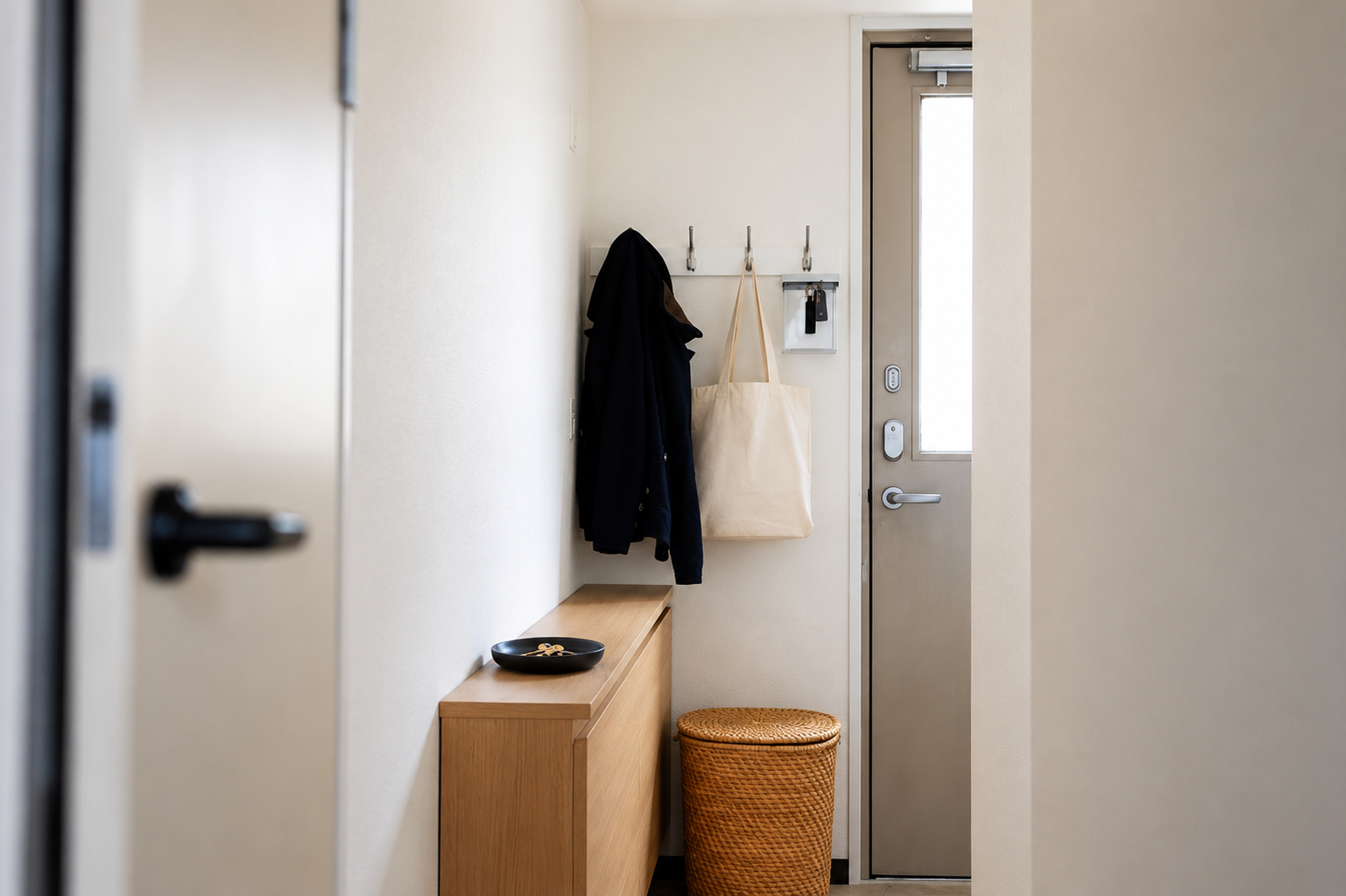 Narrow apartment hallway with hooks, tote bag, key tray, basket, and low storage.