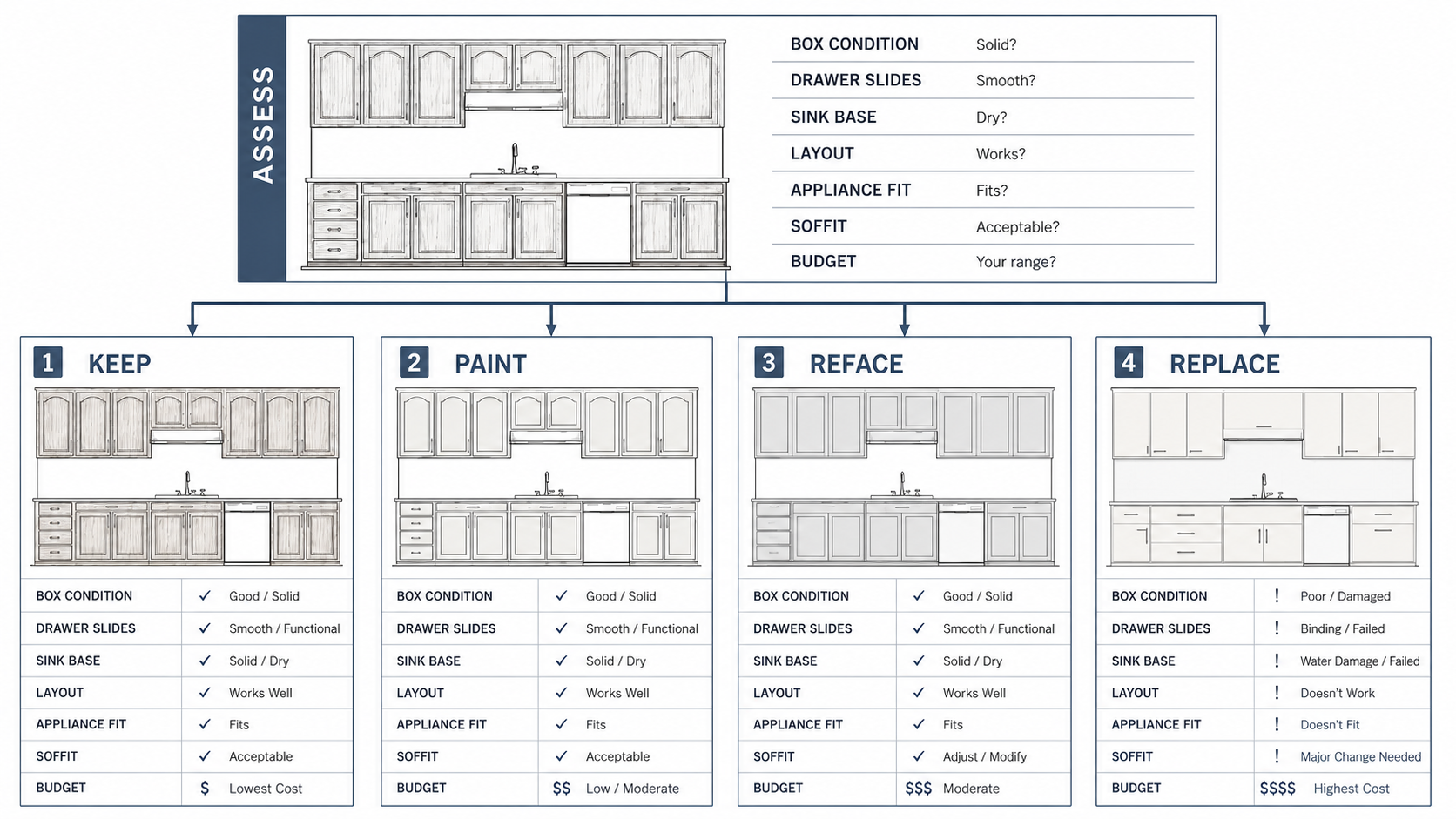 Decision map comparing keep, paint, reface, and replace options for 1980s oak kitchen cabinets.