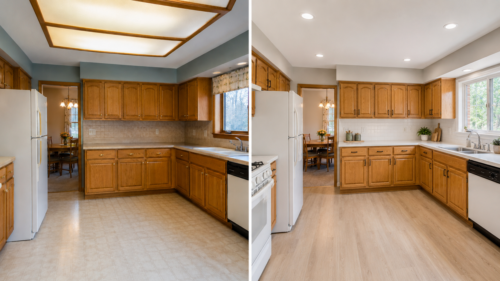 Before and after 1990s oak kitchen cabinet update with cleaner lighting, hardware, and finishes.