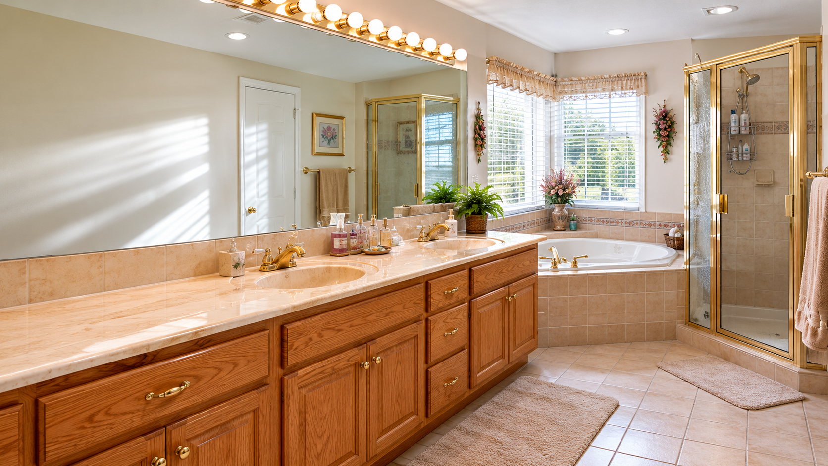 1990s bathroom oak vanity with brass fixtures, large mirror, beige tile, corner tub, and shower.