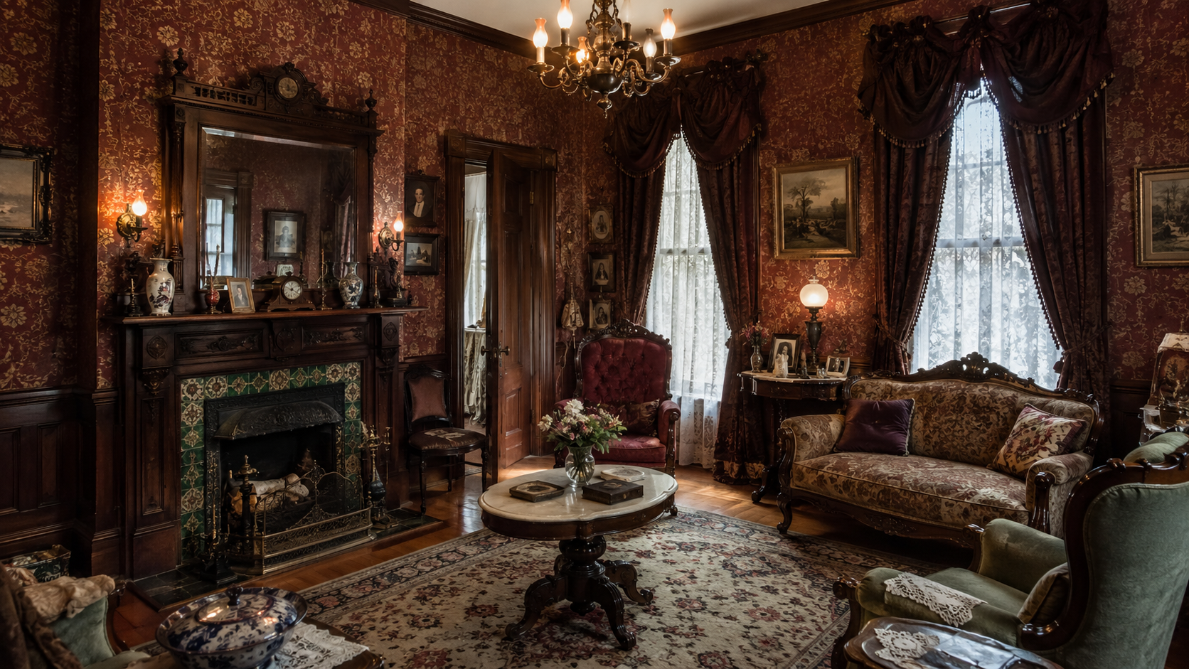 Ornate Victorian parlor with dark wood trim, patterned wallpaper, fireplace, heavy drapery, antique seating, and layered decoration.