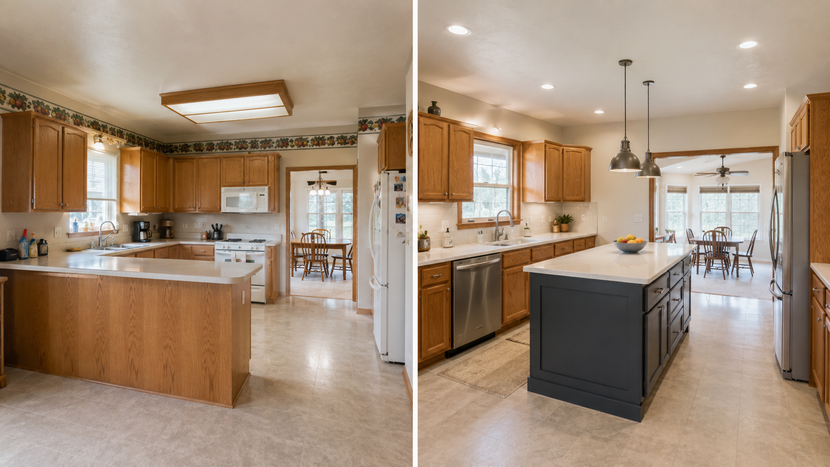 Before and after 1990s kitchen remodel changing a peninsula to a more open island layout.