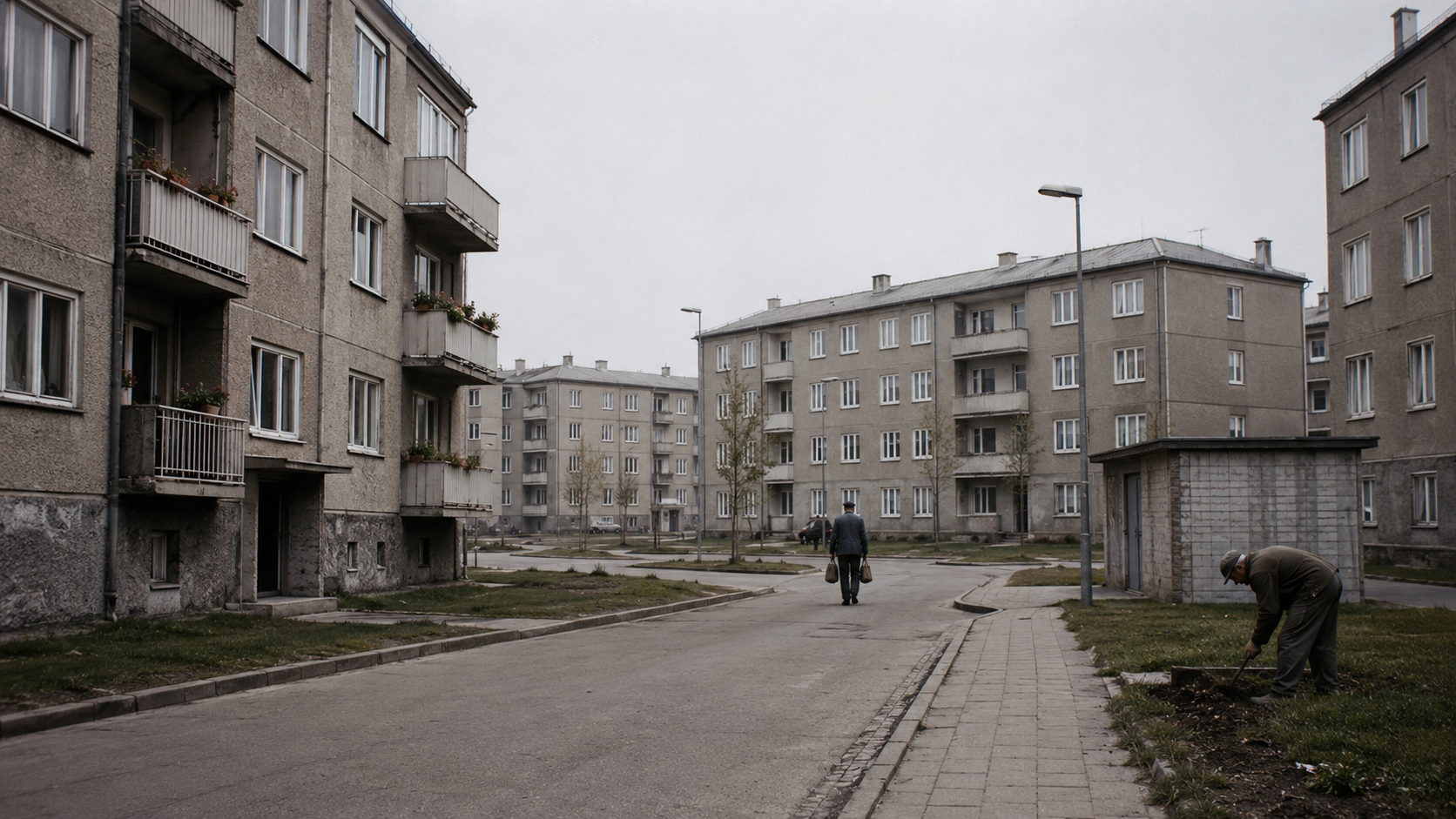 Postwar European housing district with practical modernist apartment blocks, courtyards, and simple rebuilt streets.