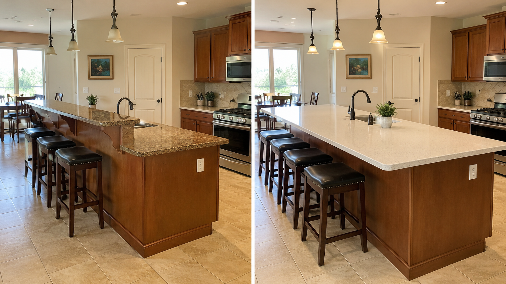Before and after 2000s kitchen island changed from raised breakfast bar to one flat counter height.