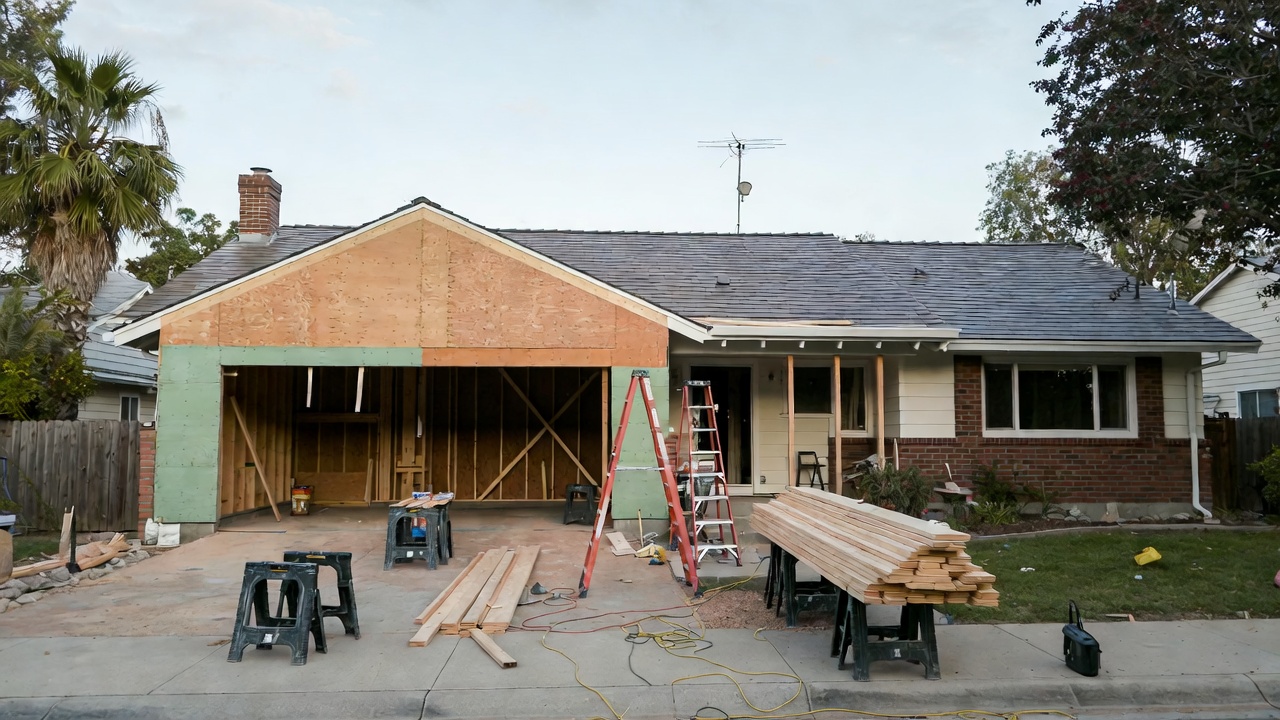 Ranch house with attached garage addition framing and roof tie-in work in progress.