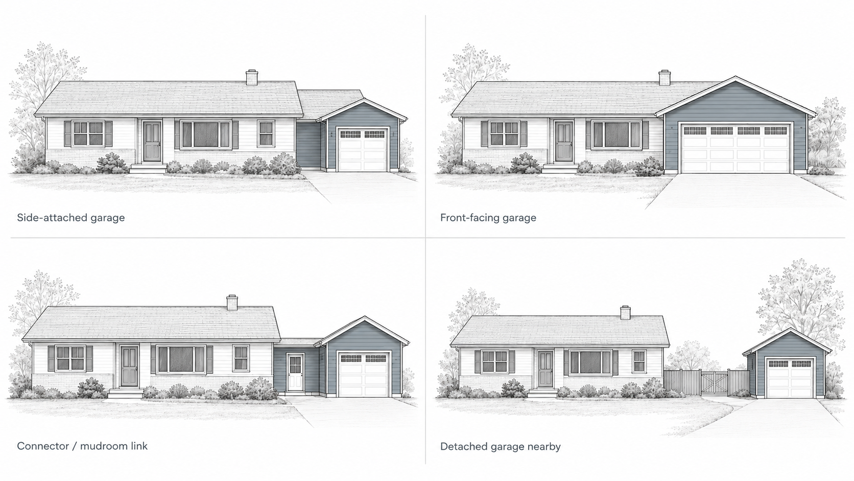 Diagram comparing side-attached, front-facing, connector, and detached garage options for a ranch house.