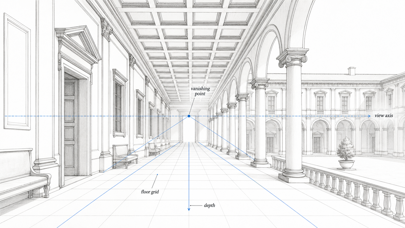 Renaissance palace corridor diagram showing a vanishing point, floor grid, view axis, and depth lines used to control interior and courtyard perspective.