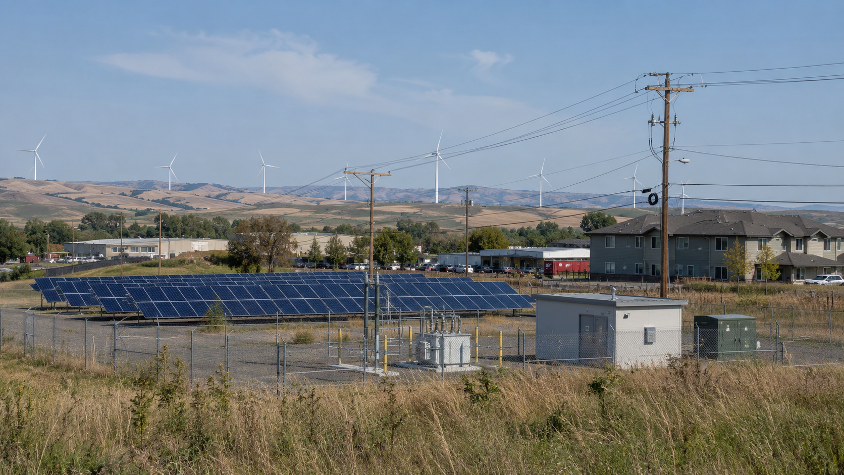 Solar panels, wind turbines, utility lines, service equipment, and nearby buildings showing how renewable energy connects to real infrastructure.