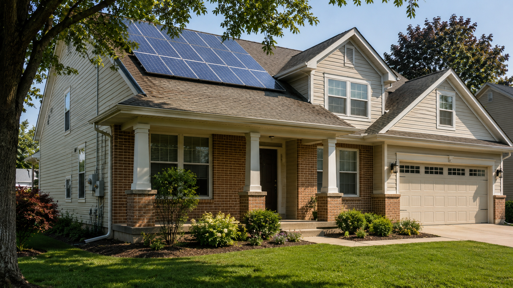 Modern suburban house with rooftop solar panels, partial tree shade, utility service, and site conditions affecting renewable energy design.