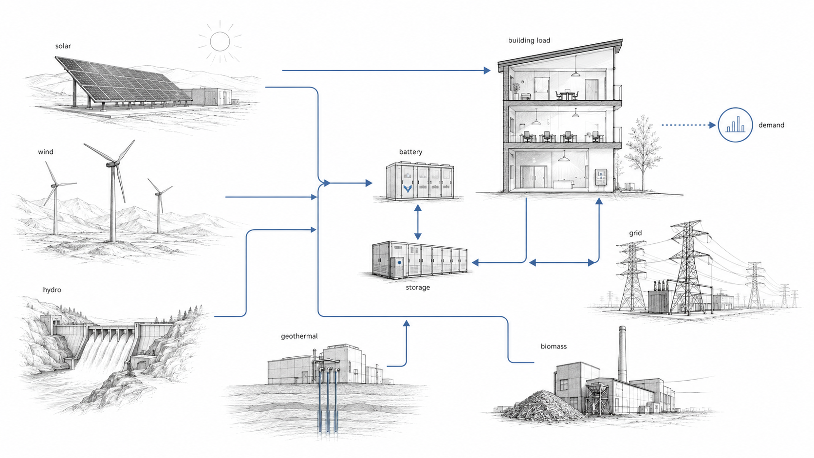 Diagram showing solar, wind, hydropower, geothermal, biomass, battery storage, grid connection, and building energy demand.