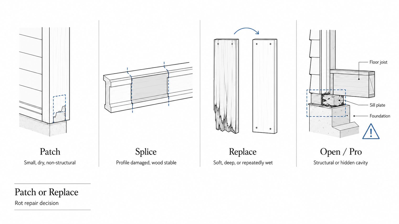 Decision diagram showing patch, splice, replace, or professional inspection for rotten exterior wood.