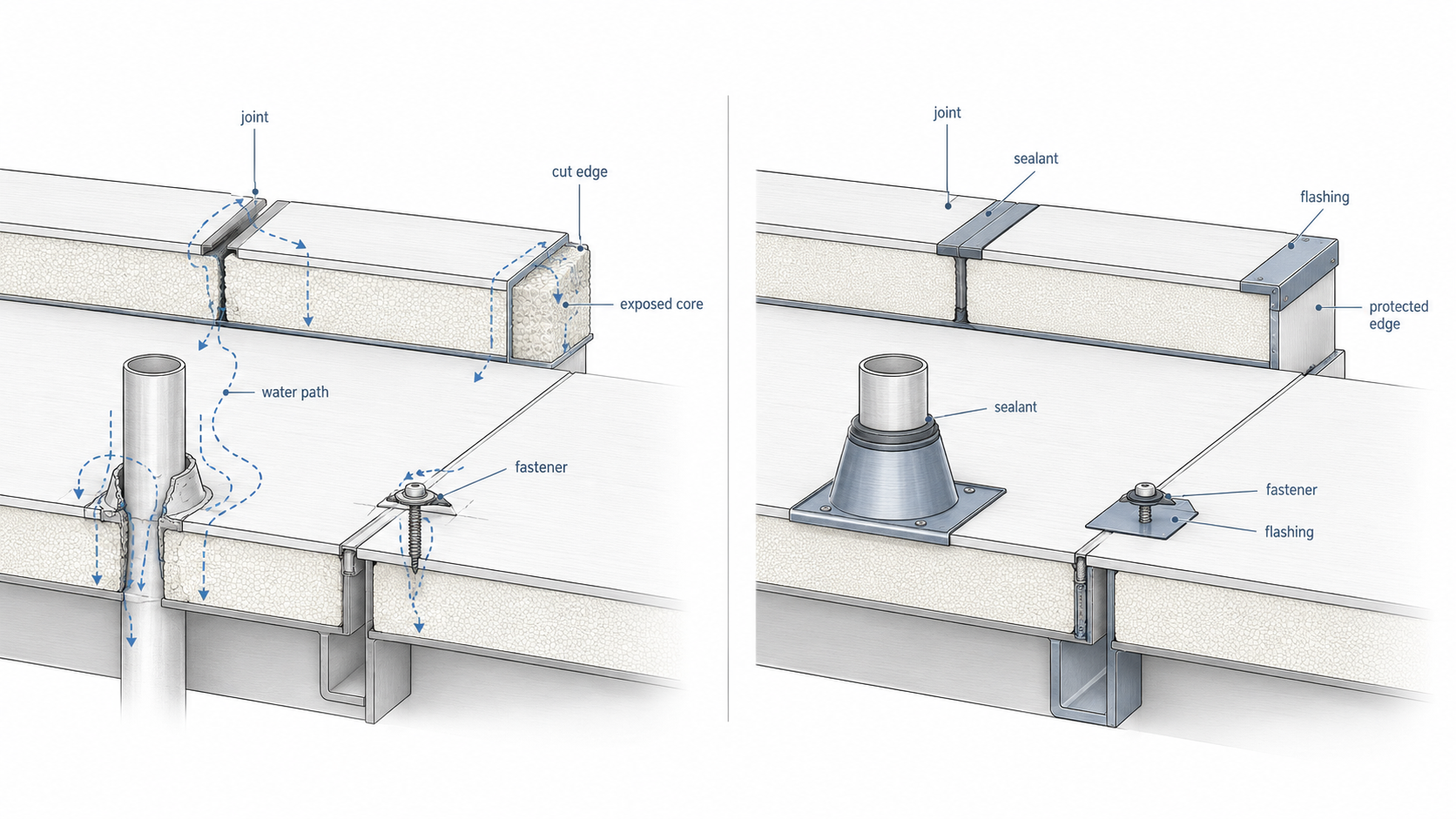 Diagram showing sandwich panel joint, exposed cut edge, fastener, flashing, and penetration details that can cause leaks or failure.