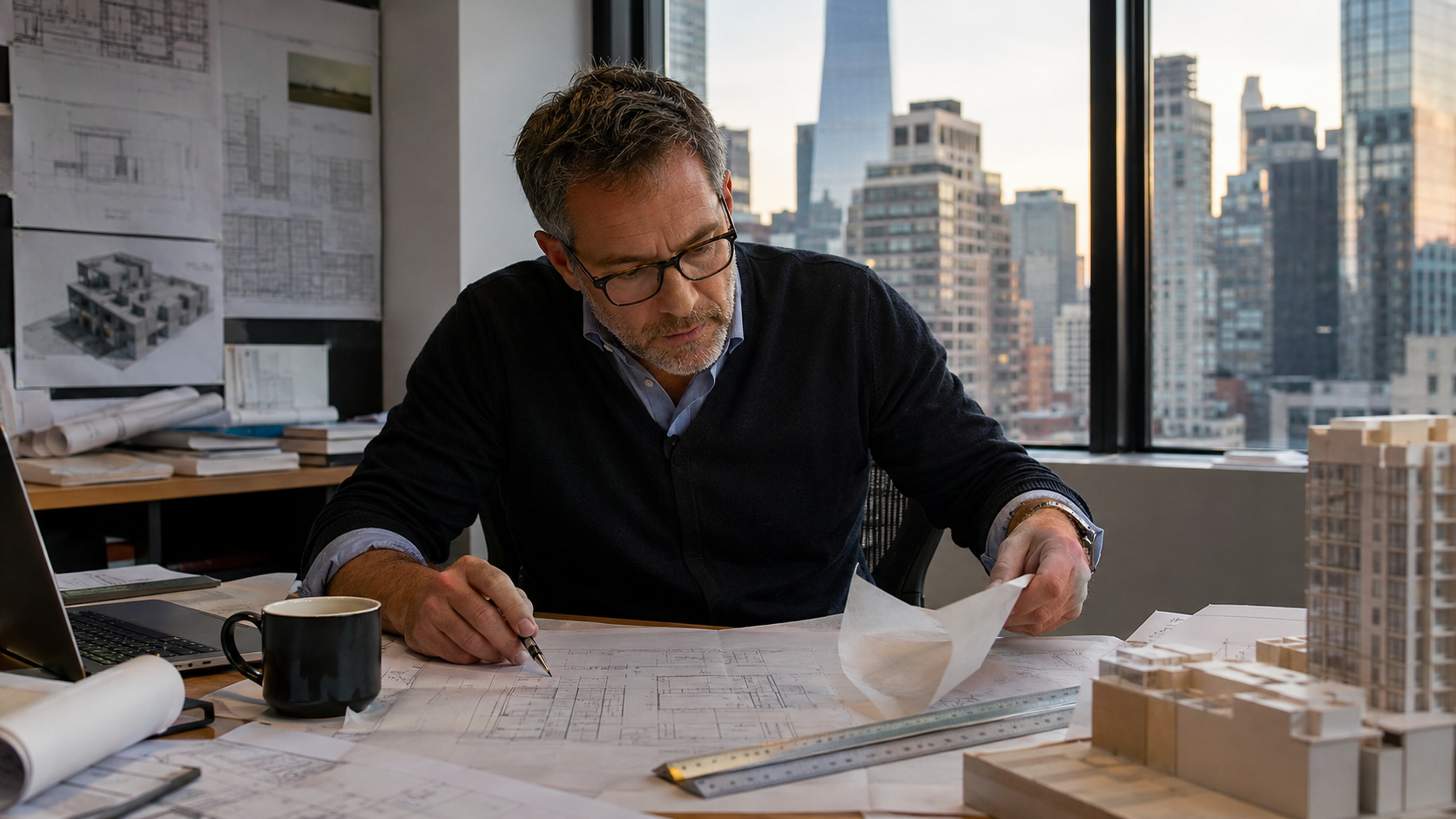 Senior architect reviewing drawings in a New York office with the city skyline in the background.