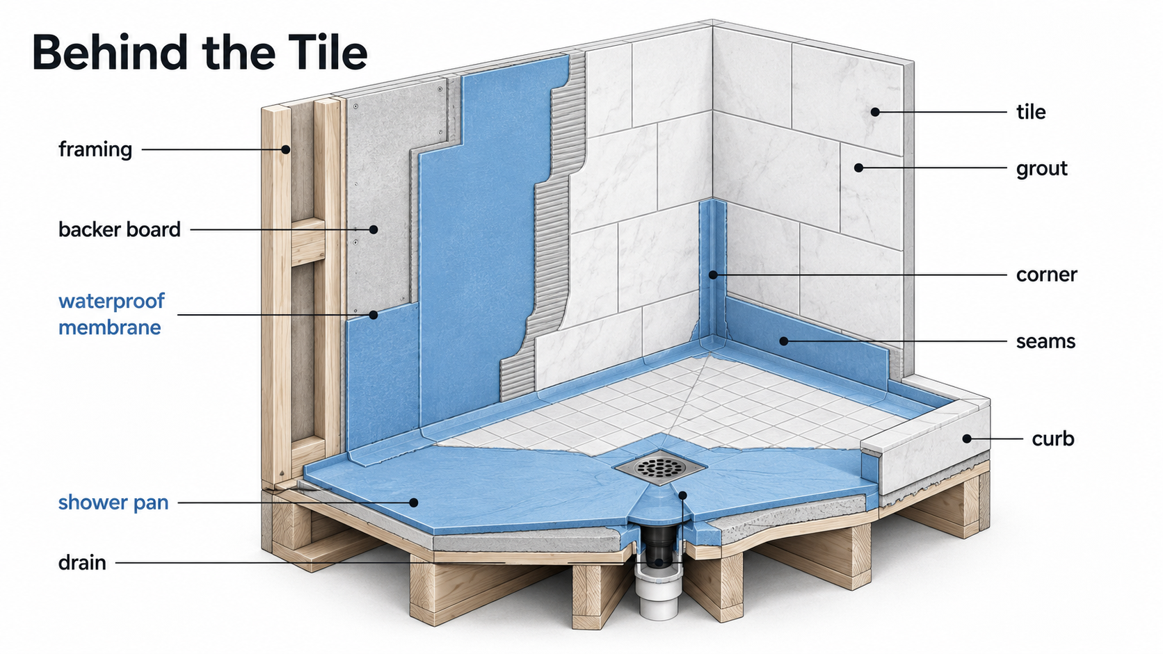 Diagram showing why shower tile is not the same as waterproofing in a bathroom remodel.