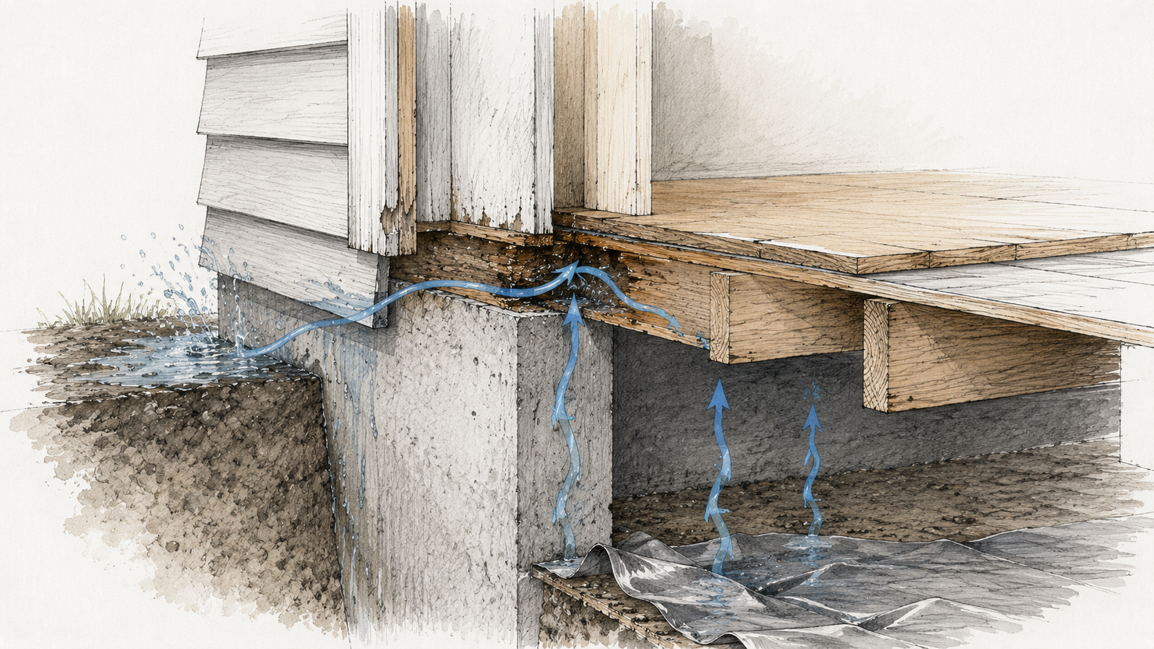 Sketch cutaway showing moisture paths that can rot a sill plate.