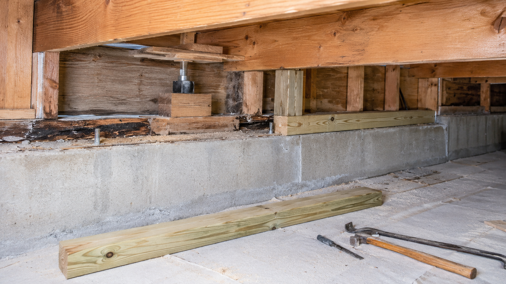 Rotted sill plate section removed near foundation wall for repair.