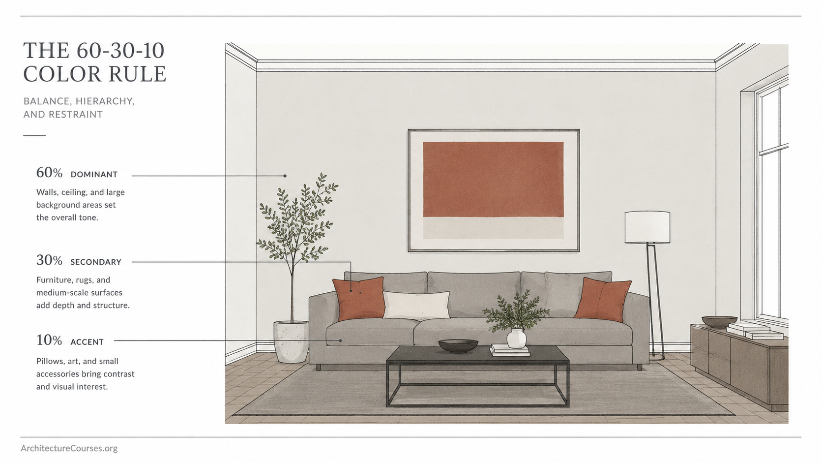 Interior design 60-30-10 color rule diagram for walls, furniture, and accents.