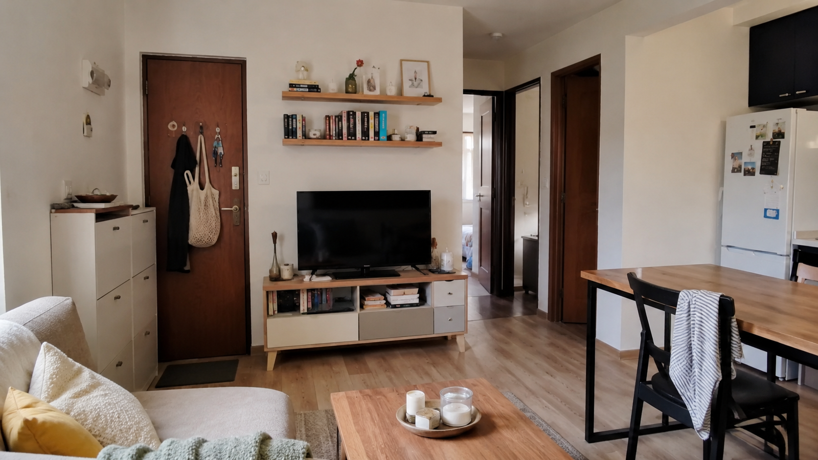 Small apartment with entry storage, TV cabinet, sofa, shelves, dining table, and kitchen.