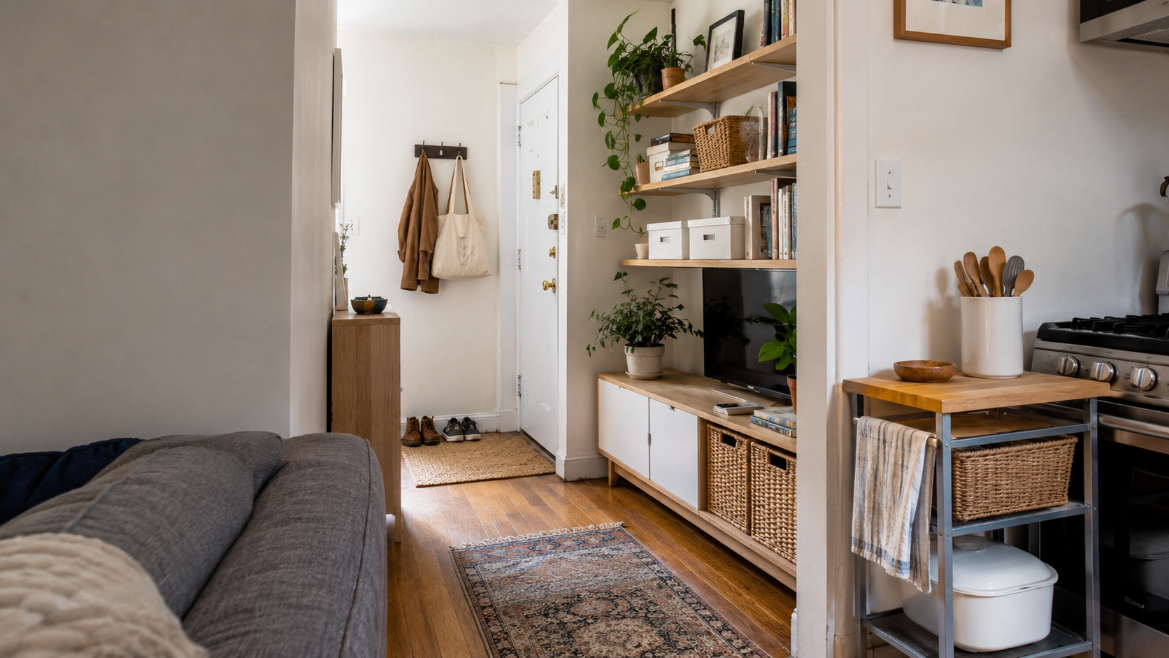 Small apartment living area with entry storage, wall shelves, closed cabinets, and a rolling kitchen cart.