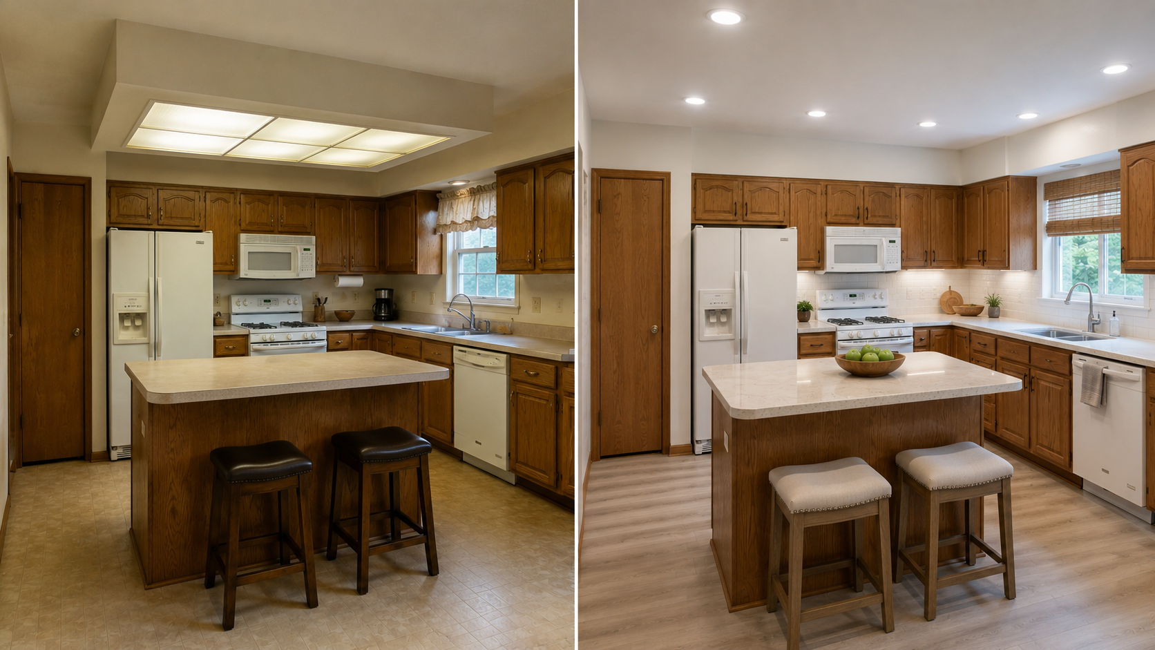 Before and after 1990s kitchen update showing improved lighting and a cleaner ceiling after soffit changes.