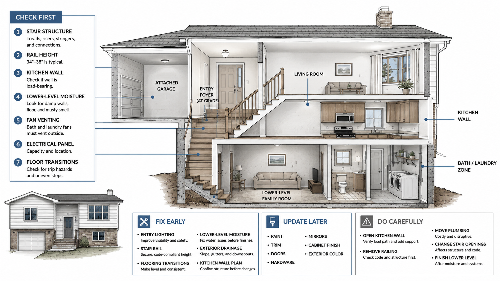 Cutaway diagram of a 1980s split-level house showing remodel order for entry stairs, railings, kitchen wall, lower level, exterior, moisture, and flooring transitions.