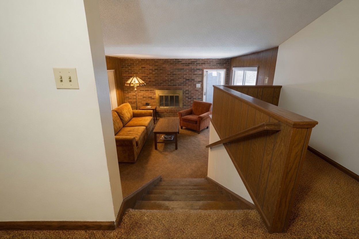 Stairs leading down into a 1970s split-level family room with wood railing and brick fireplace.