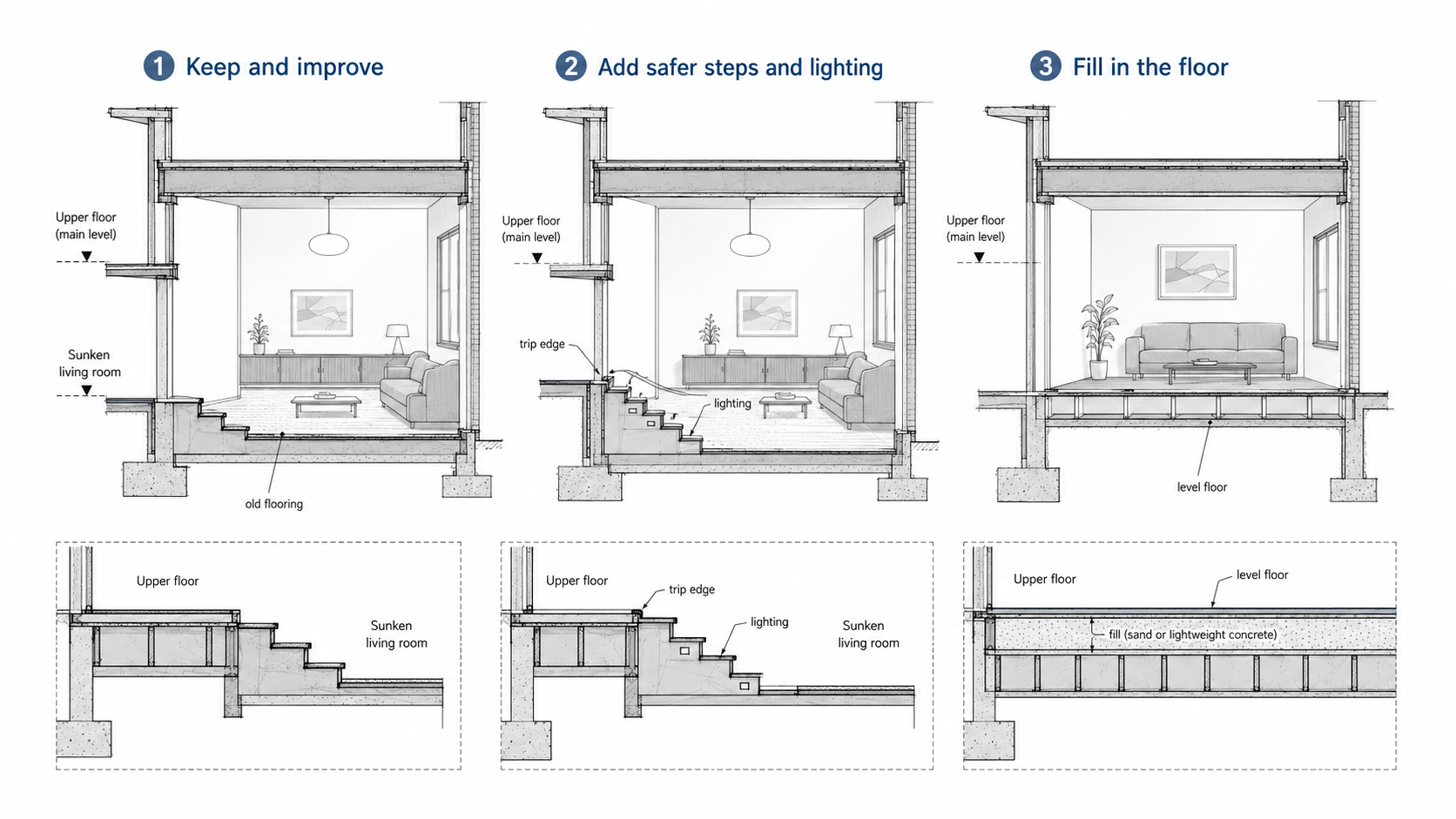 Diagram comparing keeping, modifying, or filling in a 1970s sunken living room.