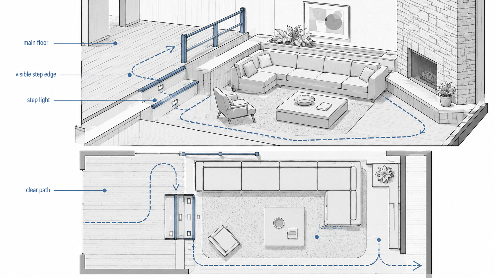 Diagram showing safer step edges, lighting, and circulation around a sunken living room.