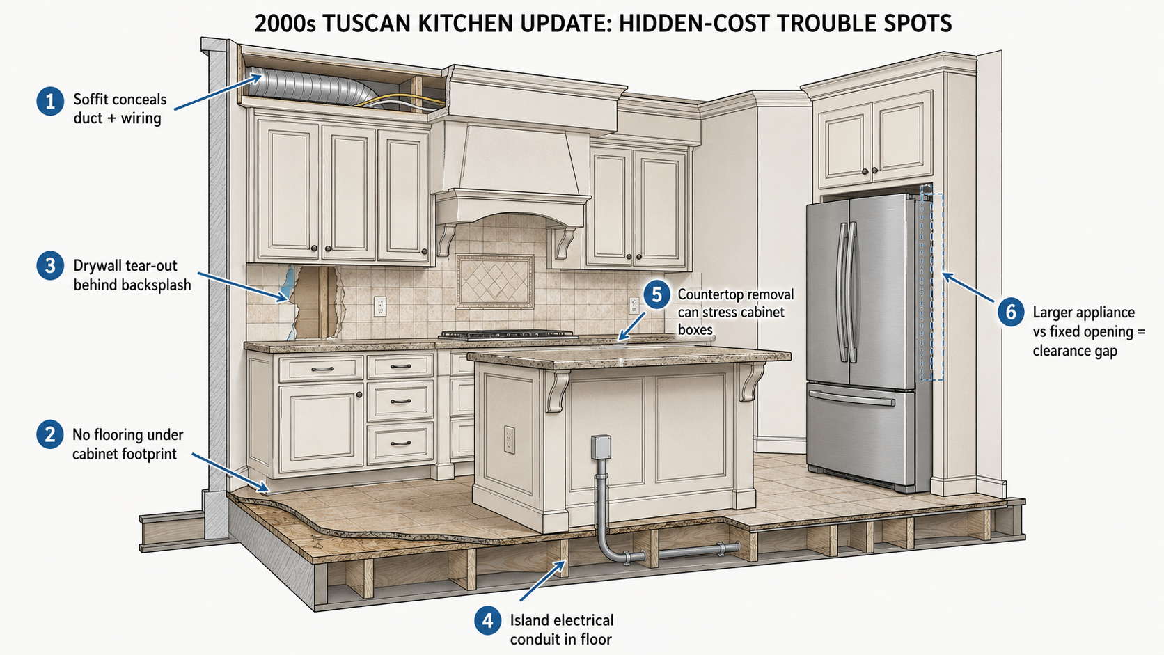 Diagram of hidden cost areas in a 2000s Tuscan kitchen update.