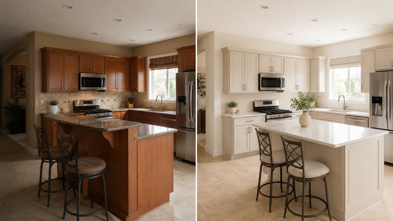 Angled before-and-after view of a 2000s Tuscan kitchen updated with painted cabinets and lighter counters.