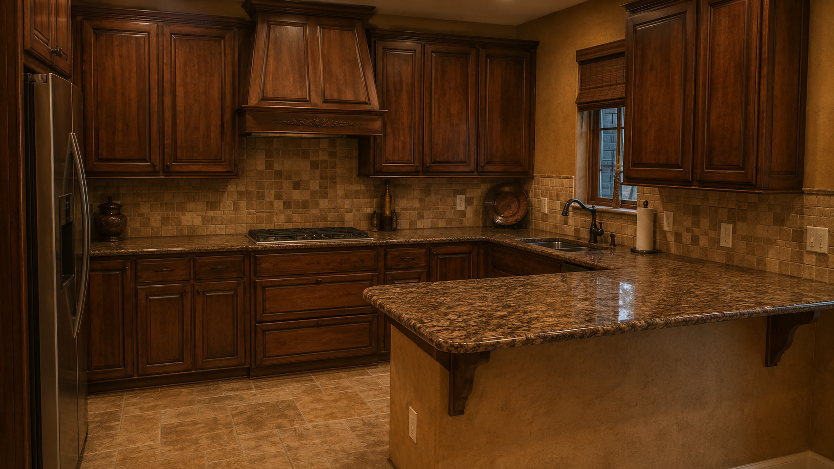 Dated 2000s Tuscan kitchen with dark cabinets, brown granite, stone backsplash, beige floor, and low contrast.