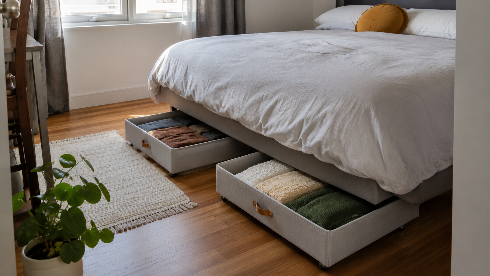 Under-bed storage bins with handles and wheels used for linens and seasonal clothes.